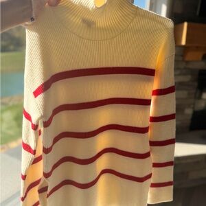 Elegant Striped Turtleneck Sweater - Cream and Red